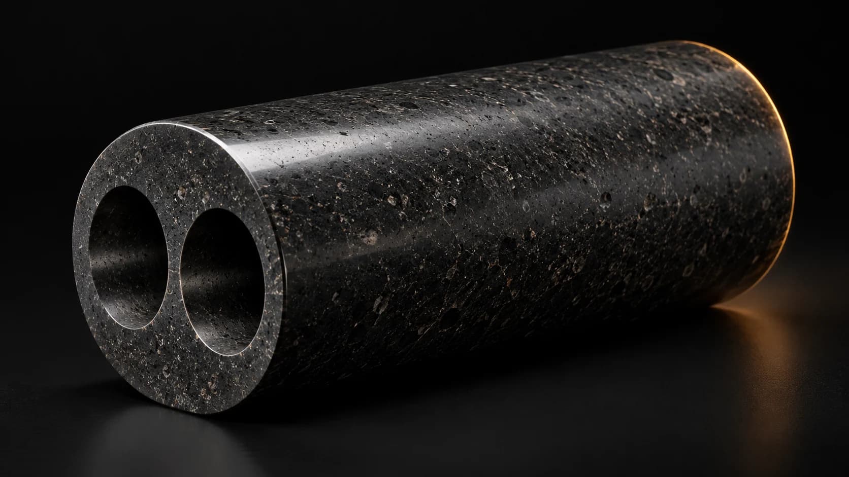 One polished basalt cylinder with two separated bores.