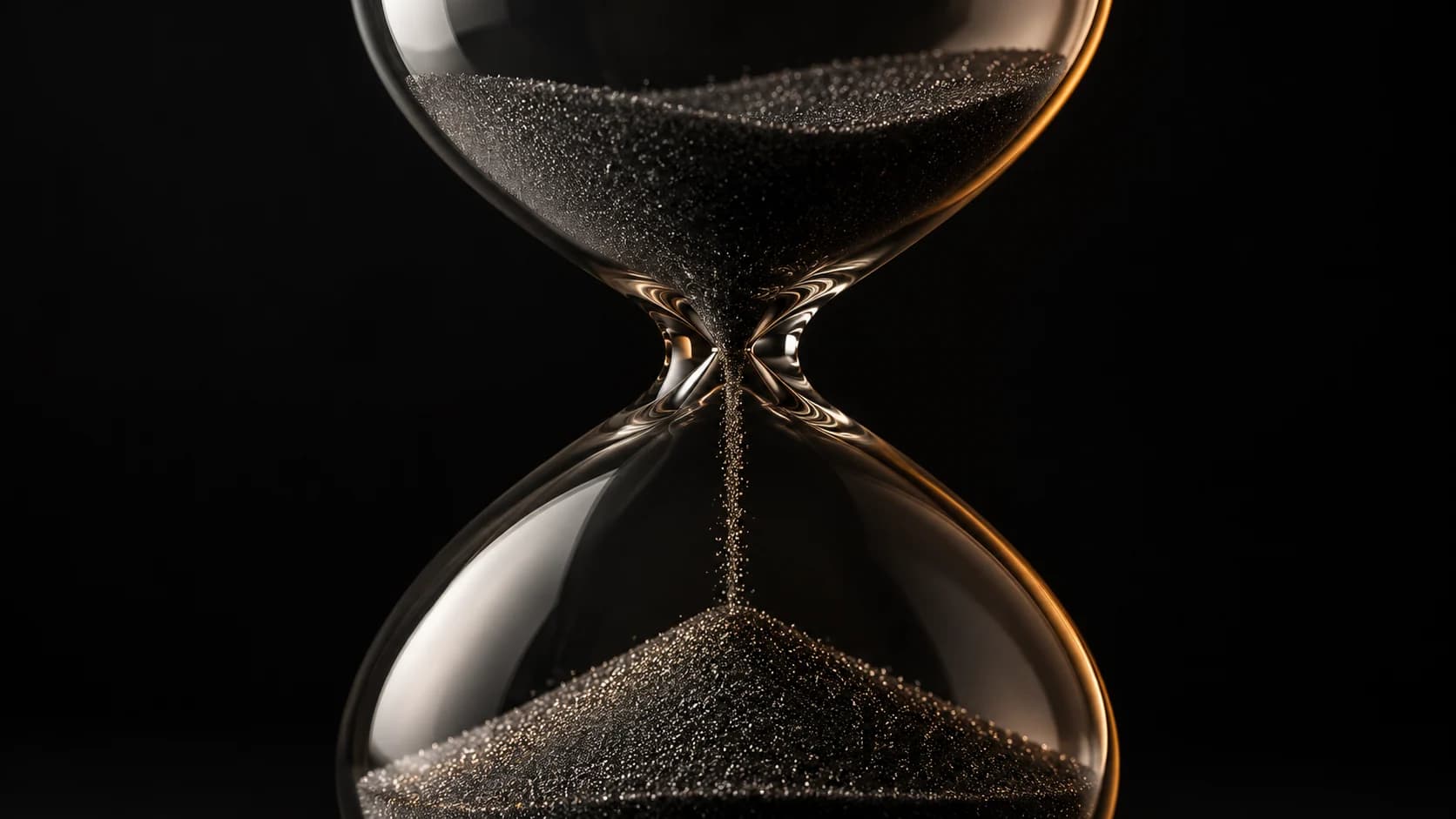 Smoked glass hourglass with metallic dark sand.