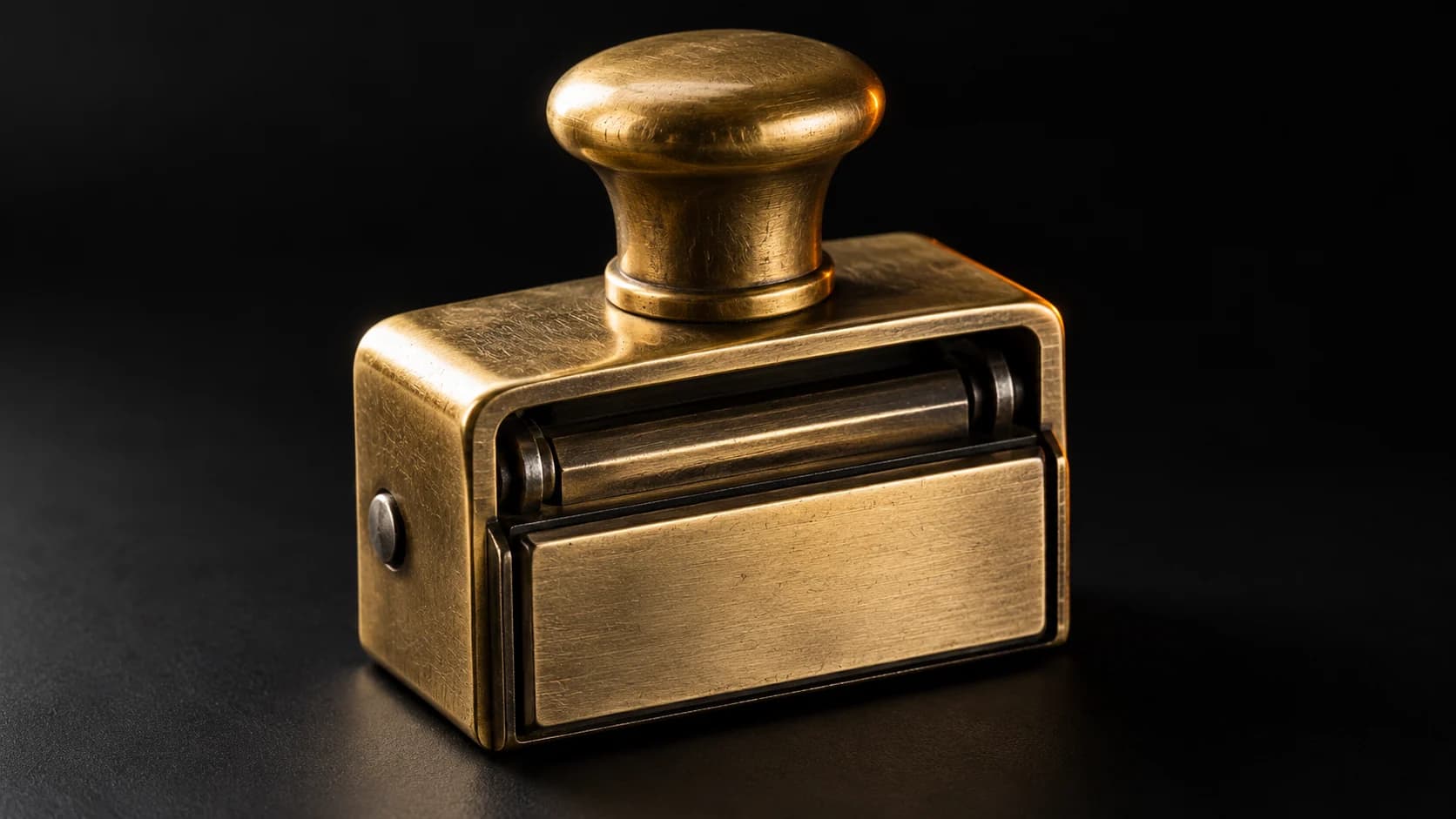 The cover shows brass date-stamp housing with a blank stamping face.