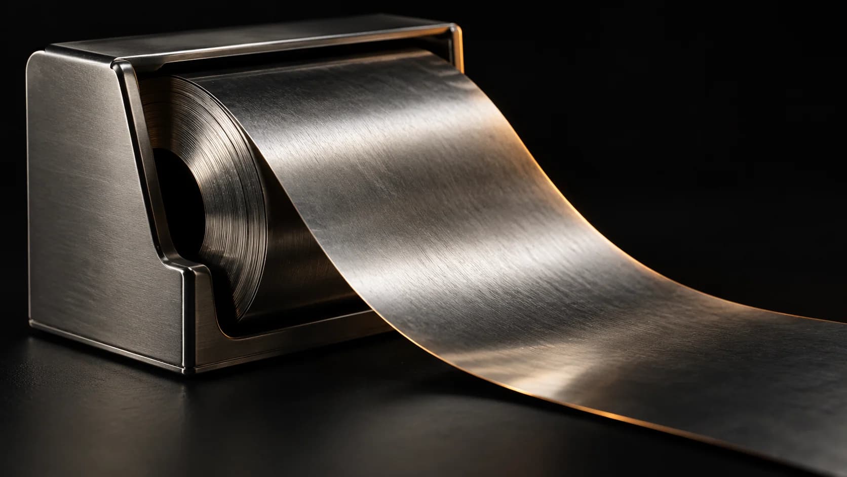 Rolled titanium foil emerging from a narrow dispenser.