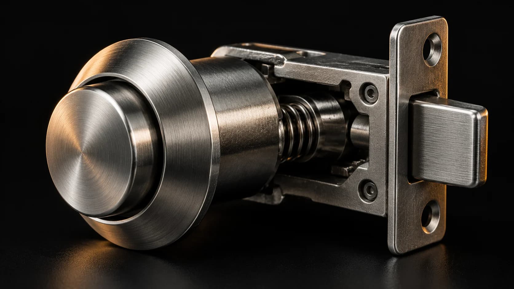 Steel push button with a visible mechanical latch.