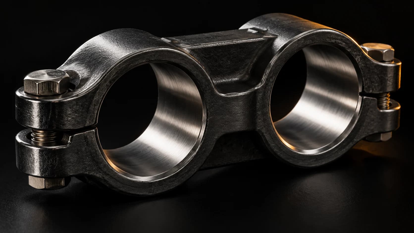 Single dark metal bridge coupler with two polished sockets.