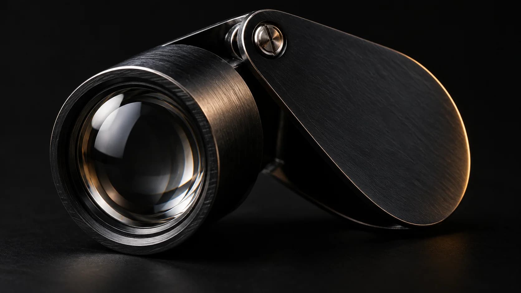 Jeweler's loupe with a dark folding metal shell.