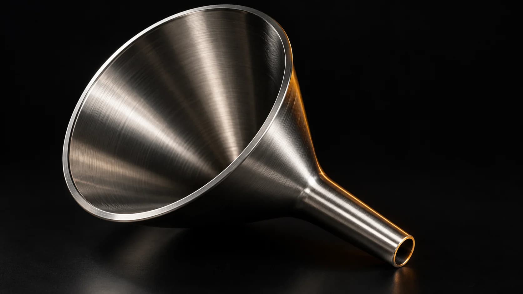Machined steel funnel with a narrow amber-rimmed outlet.