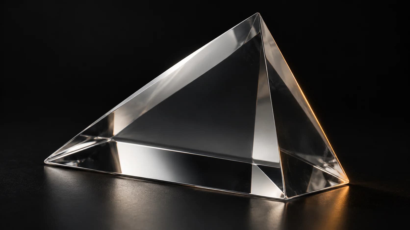 Faceted optical glass prism on a near-black studio surface.