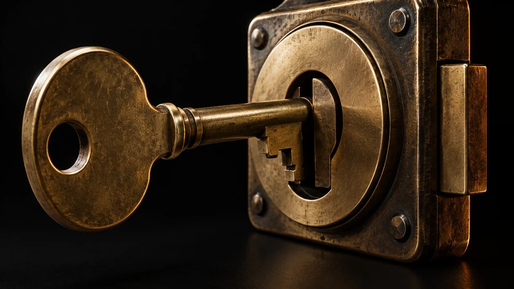 Brass key stopped at a partially closed lock gate.