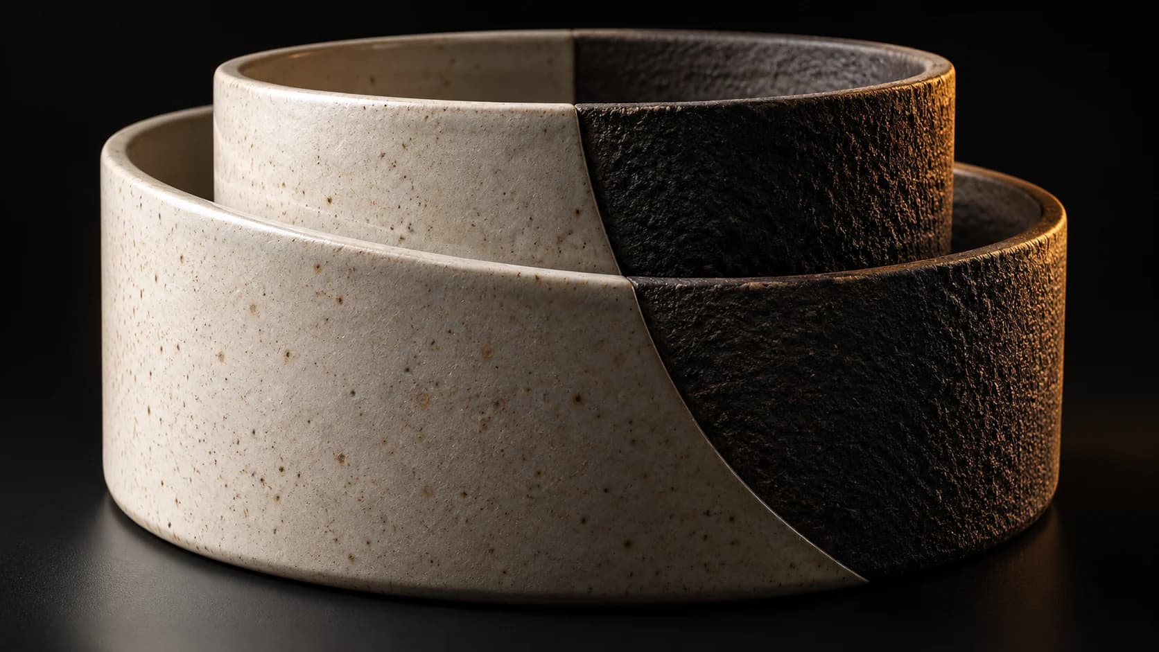 Split ceramic nesting cylinder with two distinct surfaces.