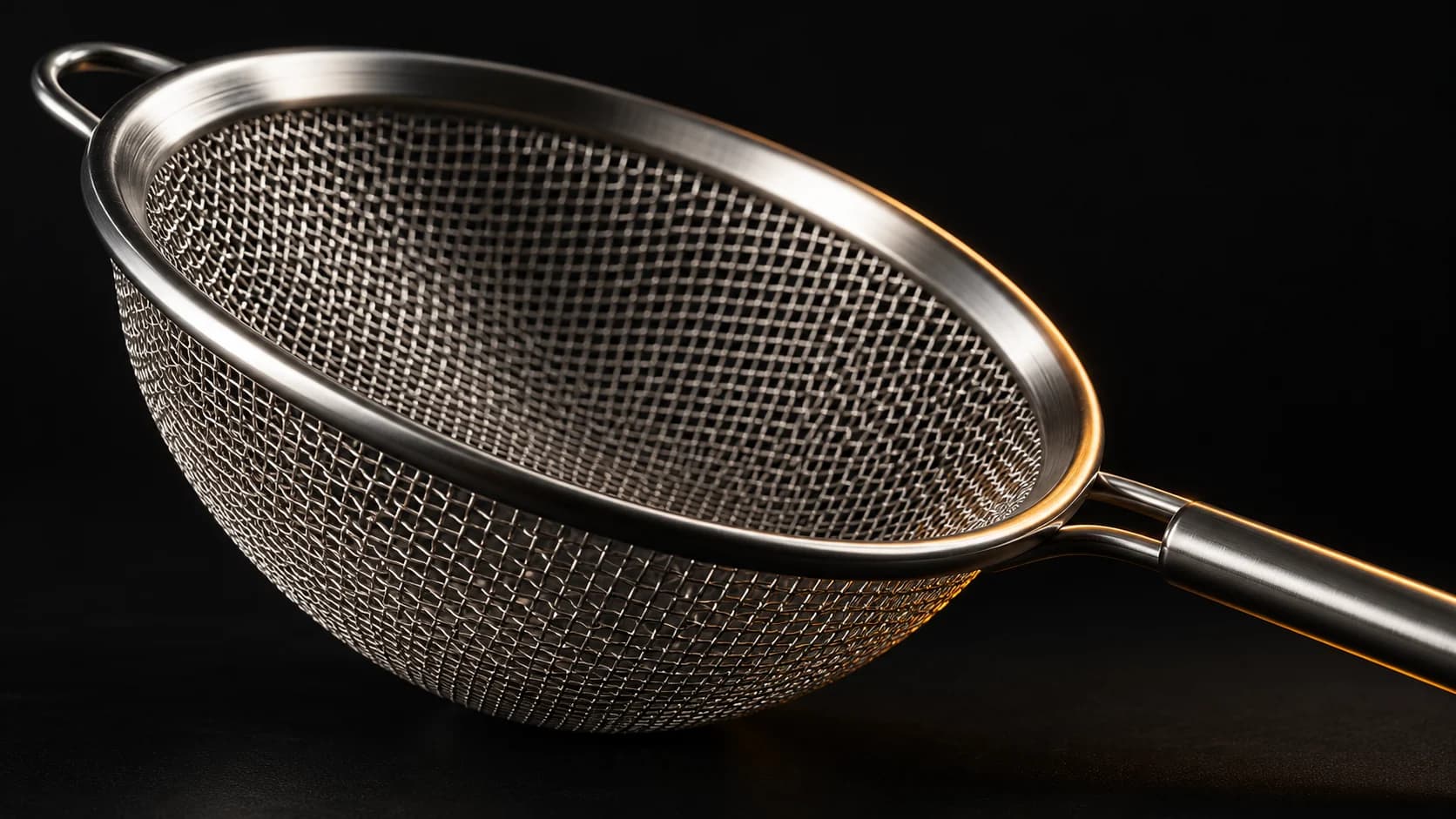 Fine steel sieve with a few oversized circular openings.