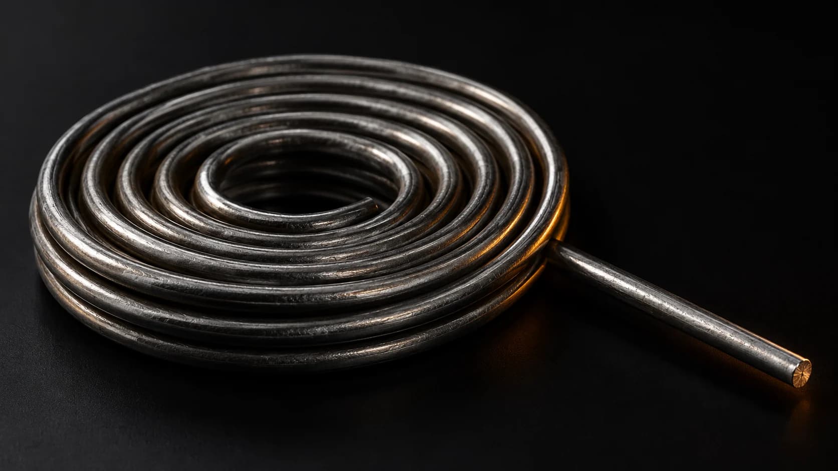 Coiled dark steel wire returning to one straight endpoint.