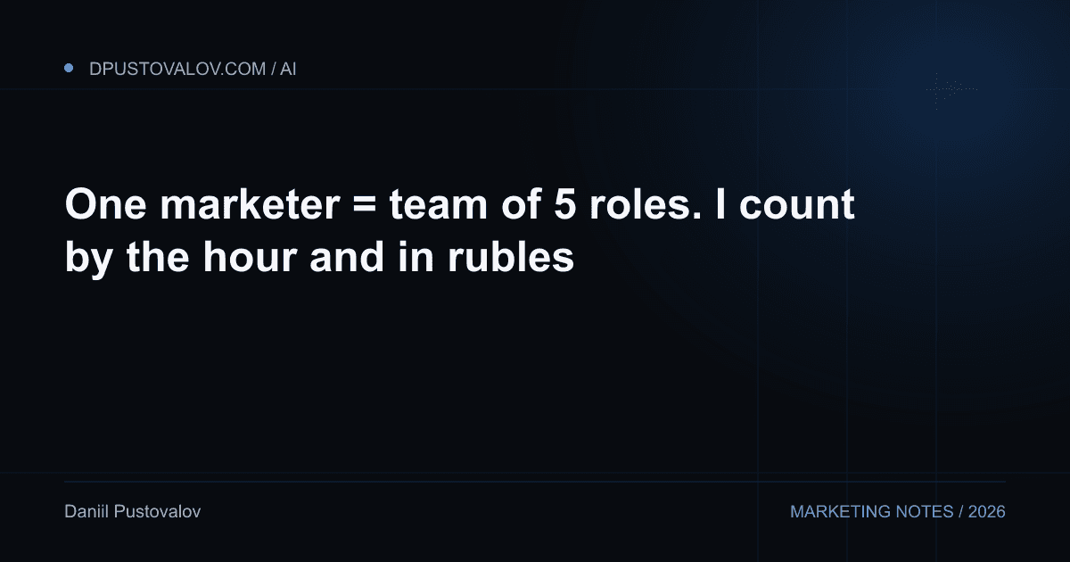 Cover: One marketer = team of 5 roles. I count by the hour and in rubles